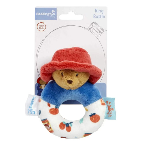 Plush ring baby rattle with bear face, red hat and blue shirt, white patterned ring