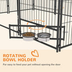 Outdoor dog kennel playpen with rotating bowl holder on black wire panels