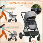 Grey baby stroller with reversible seat, shown in parent-child and viewing positions