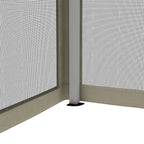 Gazebo corner with mesh side panel and vertical white support pole base cover.