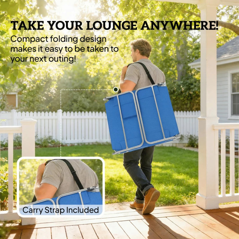 Blue folding sun lounger with carry strap and side pocket