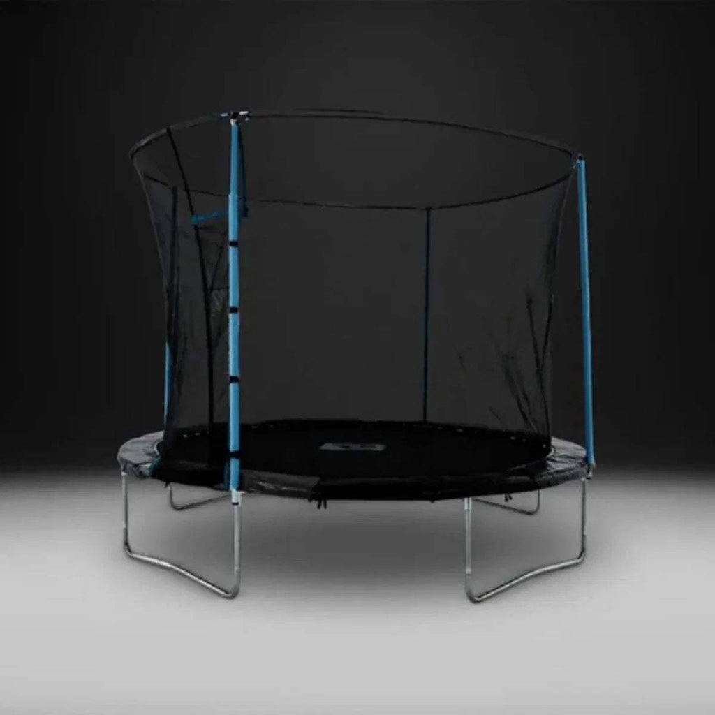 Round trampoline with black safety net, blue poles, and gray metal frame base