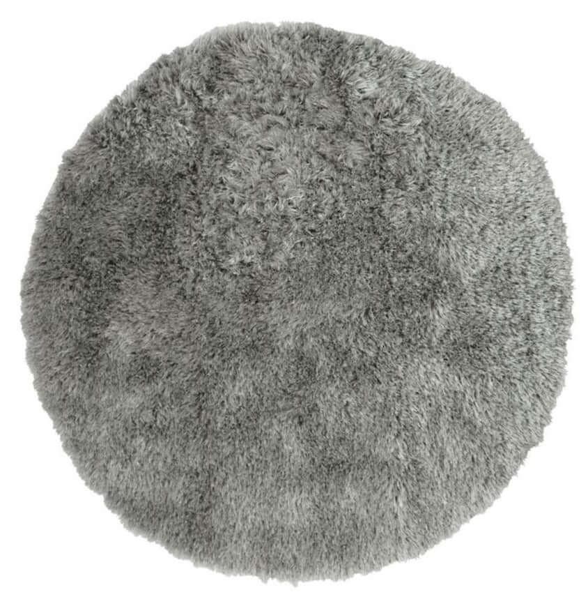 Round grey shaggy rug with plush high pile and textured surface.