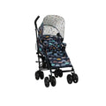 Car-print pushchair with black frame and light grey hood, front view