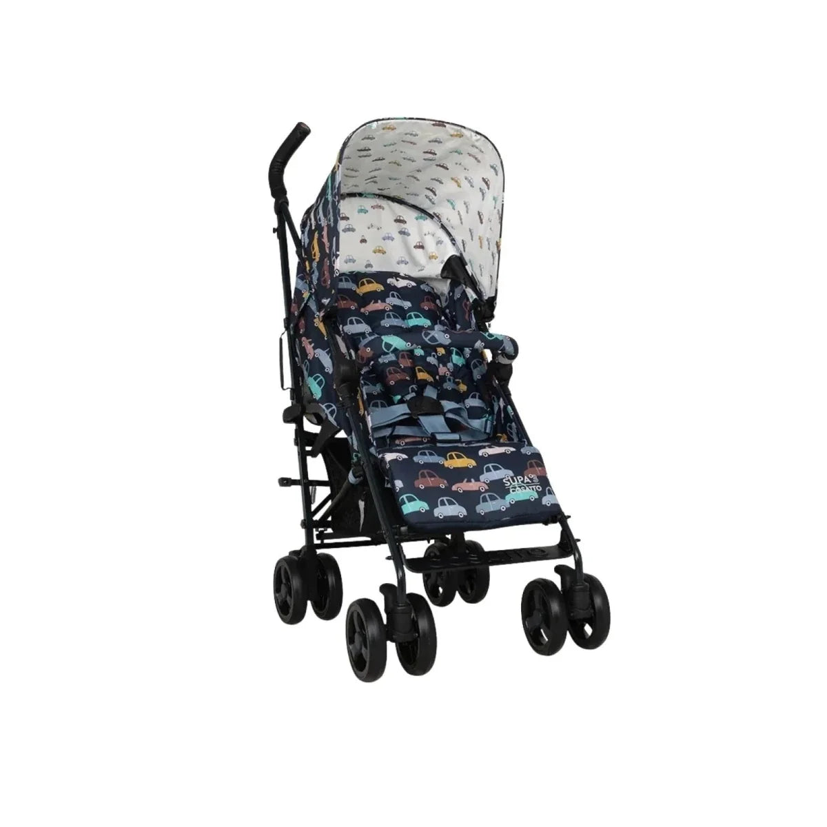 Car-print pushchair with black frame and light grey hood, front view