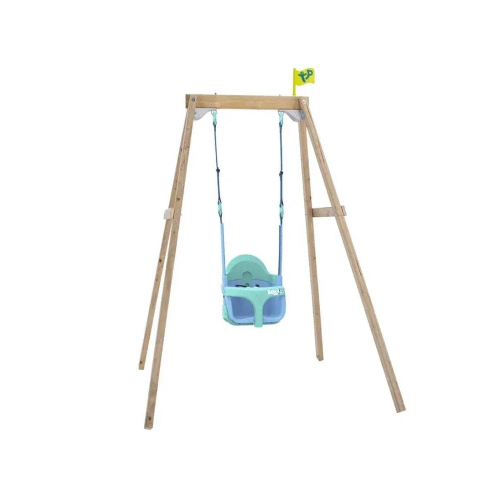 Wooden single swing frame with turquoise and blue growable seat and hanging ropes