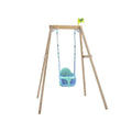 Wooden single swing frame with turquoise and blue growable seat and hanging ropes
