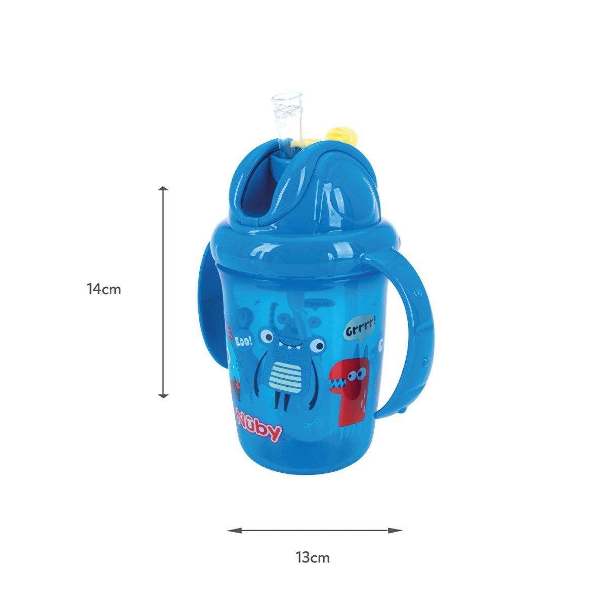Blue flip-top sippy cup with straw lid and side handles, cartoon monster print