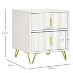 White two-drawer chest with vertical ribbed panels, gold-tone handles, and slim gold legs; side view