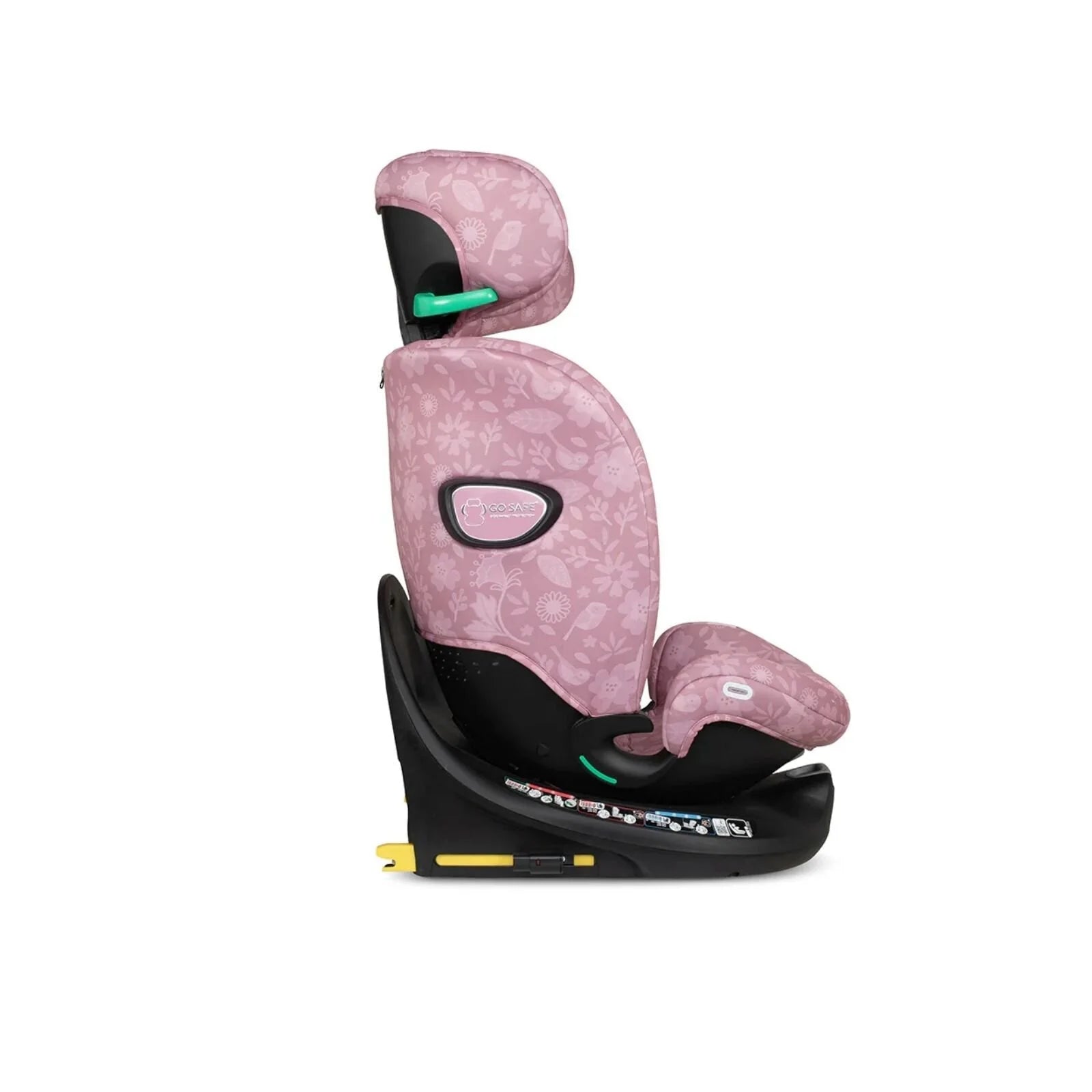 Light pink patterned car seat with padded insert and green adjustment lever, side view