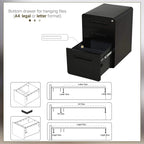 Black lockable file cabinet showing bottom drawer opening and label slots