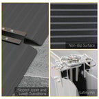 Black wheelchair ramp with non-slip ribbed surface, safety pins, and transition lips