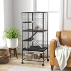 Charcoal grey multi-level small animal cage with ramps and wooden platforms