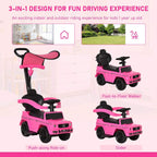 Pink 3-in-1 kids ride-on push car with seat, steering wheel, and slider front