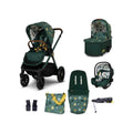Baby pushchair and accessories set in green with patterned canopy, seat and carry items