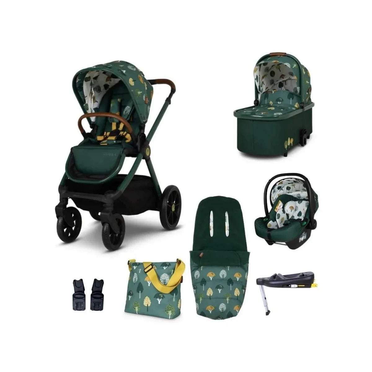 Baby pushchair and accessories set in green with patterned canopy, seat and carry items
