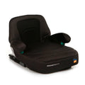 Black booster car seat with padded armrests and head support