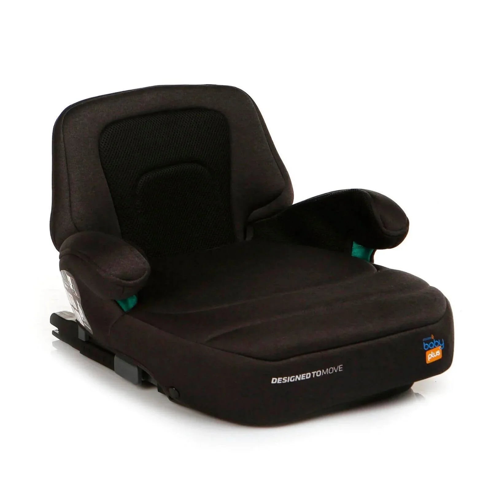 Black booster car seat with padded armrests and head support
