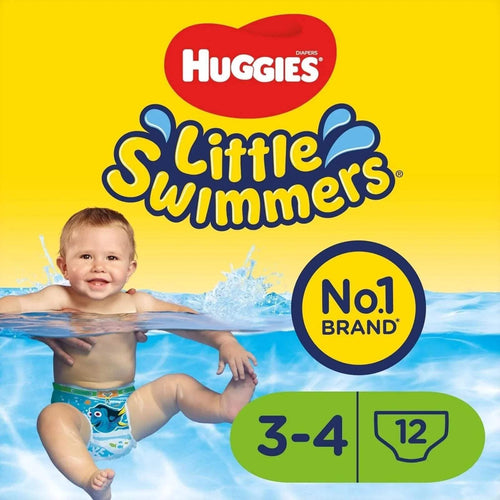 Huggies Little Swimmers swim pants front label, No.1 brand, size 3-4, 12
