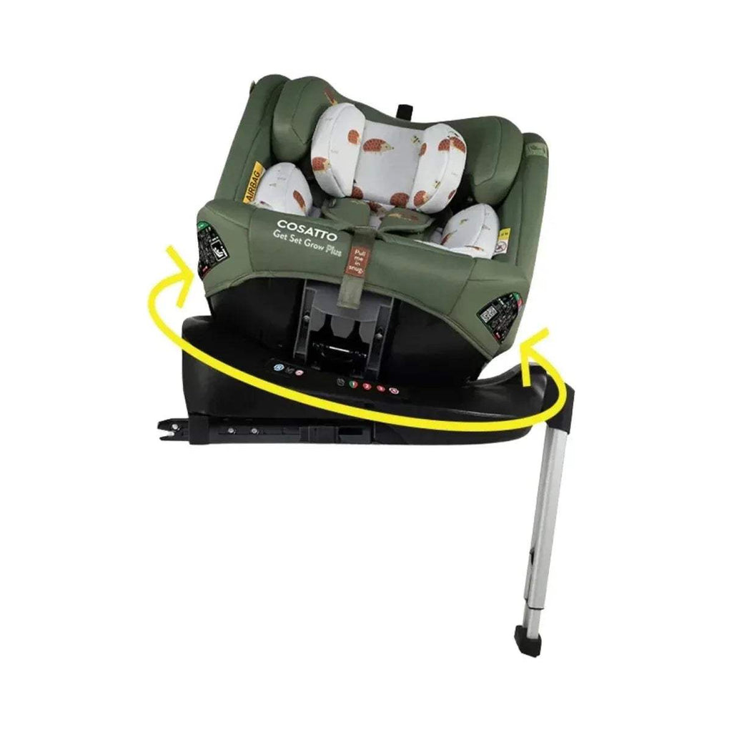 Olive-green 360° car seat with animal-print infant insert, base and support legs