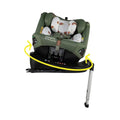 Olive-green 360° car seat with animal-print infant insert, base and support legs