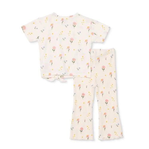 HelloBaby Girls Blouse & Leggings Set Floral Print Flower Garden Crew Neck Full Length Short Sleeve - Ecru Printed