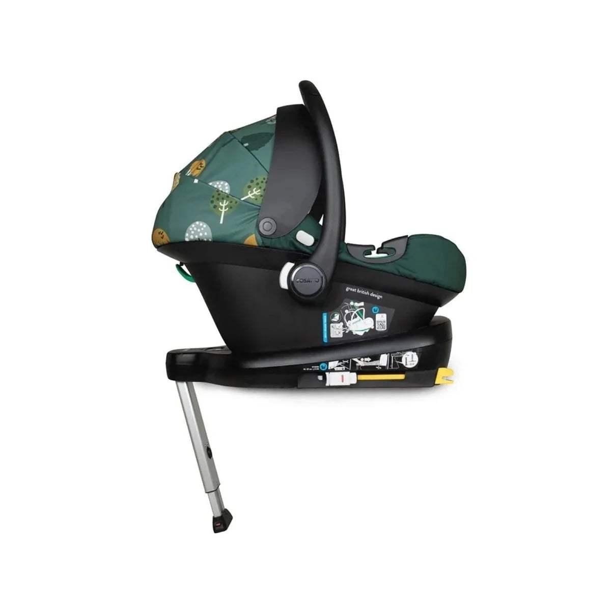 Green infant car seat with black base frame and side handle, angled view