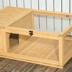 Wooden reptile enclosure with open mesh roof section and side entry opening.