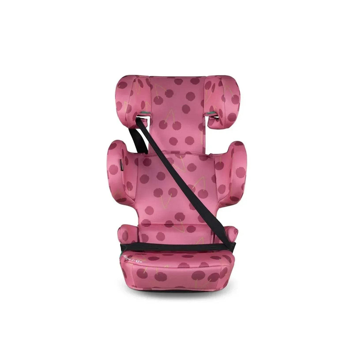 Cherry Pie patterned child car seat side view with black shoulder strap
