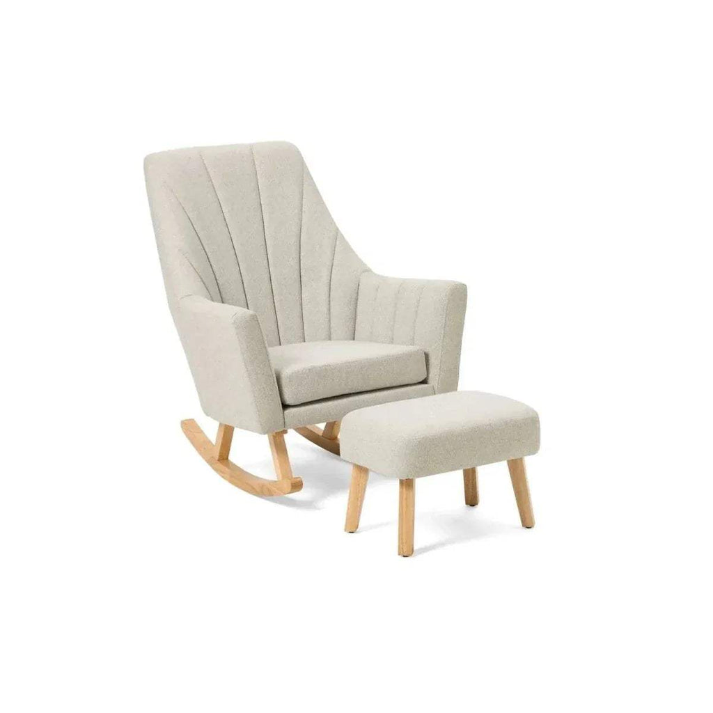 Beige upholstered rocking chair with rounded seat and tall vertical back, wooden rockers