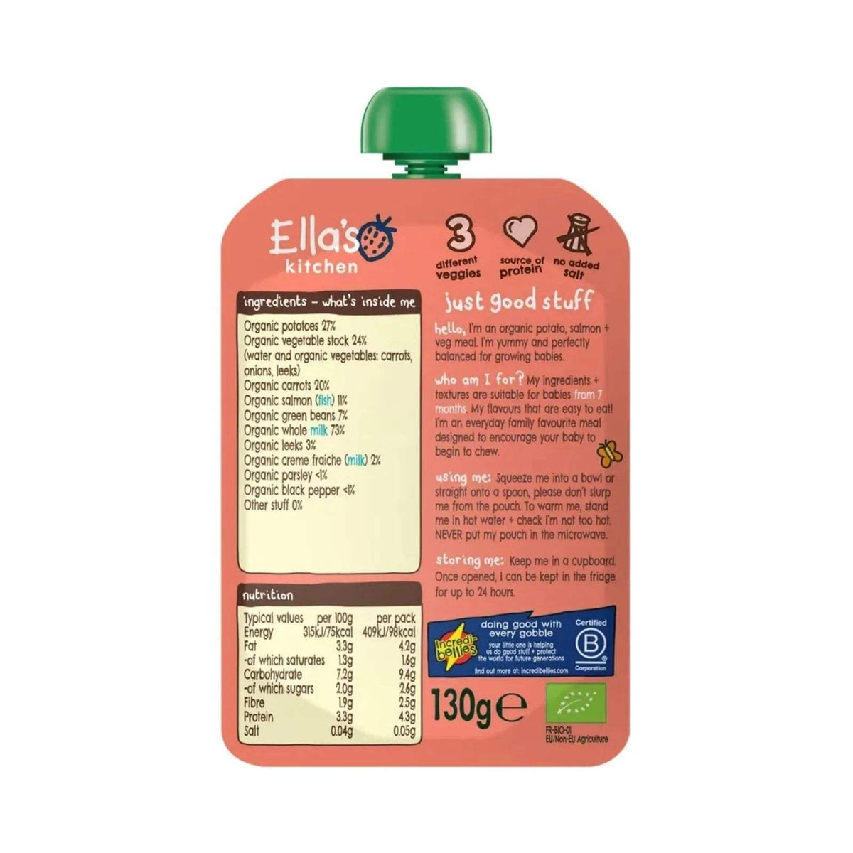 Baby food pouch with green cap, back panel with nutrition table, ingredient list, 130g