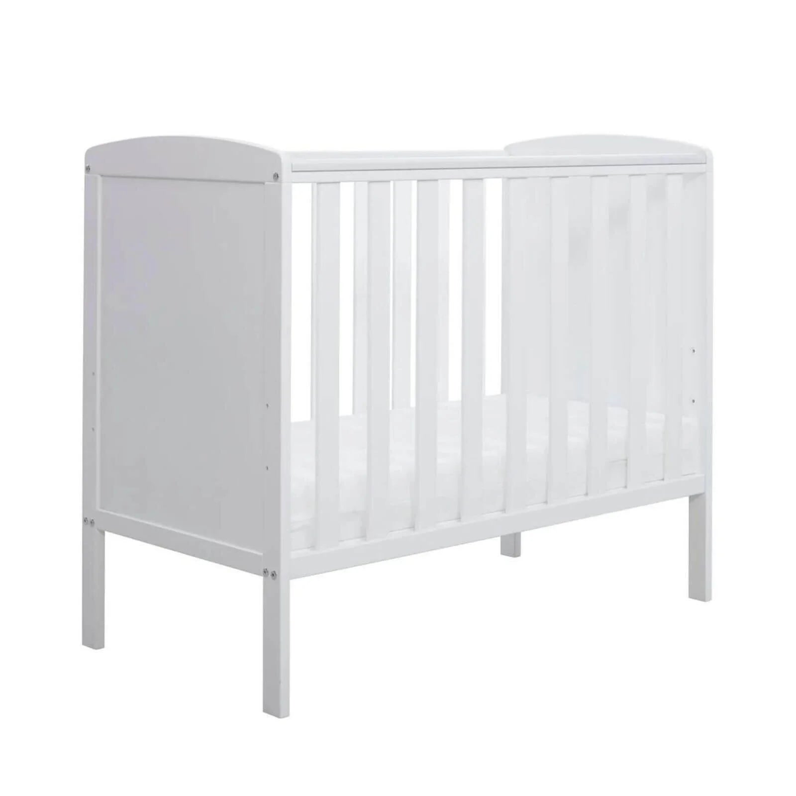 White space-saver cot frame with vertical slats, side panel and short legs