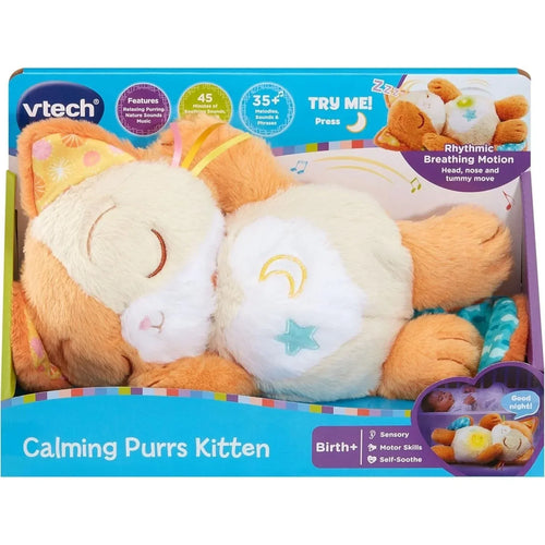 Calming purrs kitten plush in a blue product box with orange-and-white cat