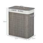 Grey laundry hamper with flat top lid and side string handles, labeled “LIGHTS” and “DARKS”