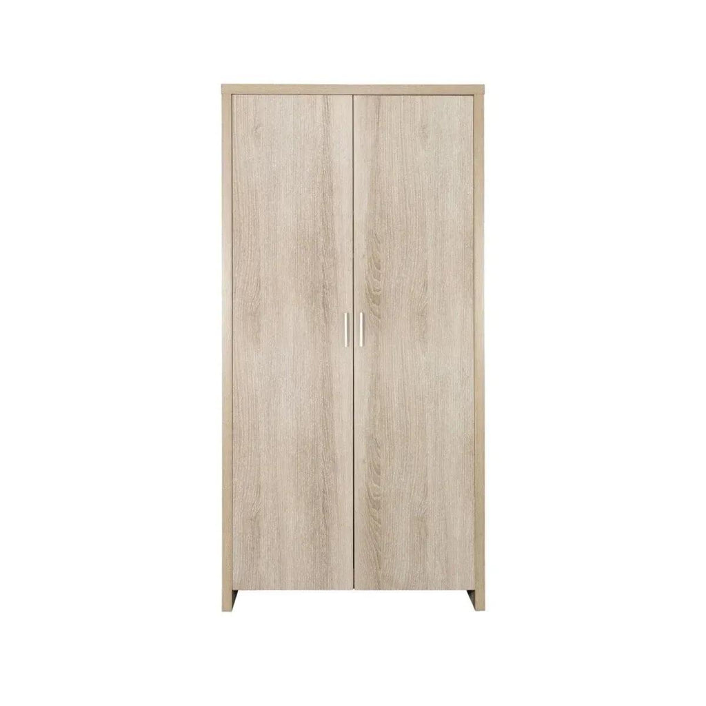 Light oak wardrobe cabinet with two hinged doors and vertical handles