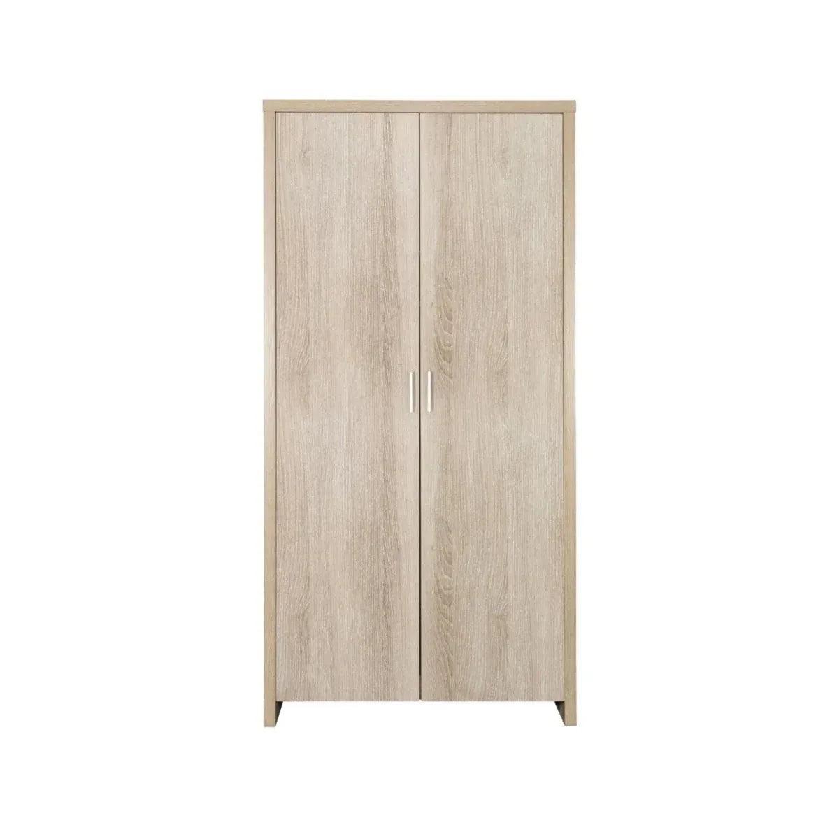 Light oak wardrobe cabinet with two hinged doors and vertical handles