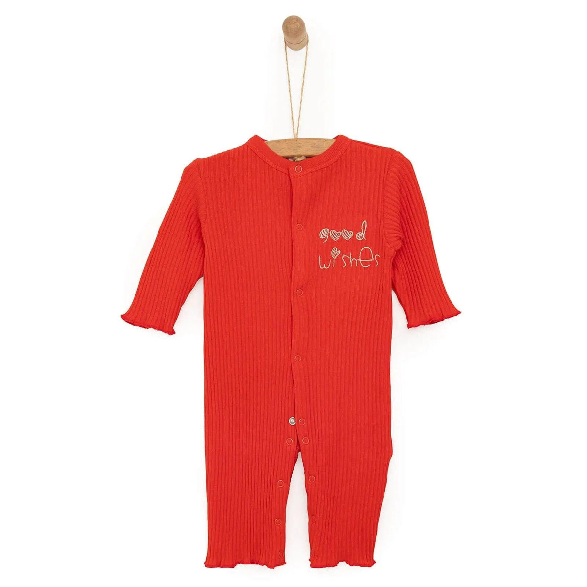Newborn orange rib-knit jumpsuit with snap buttons and wish embroidery