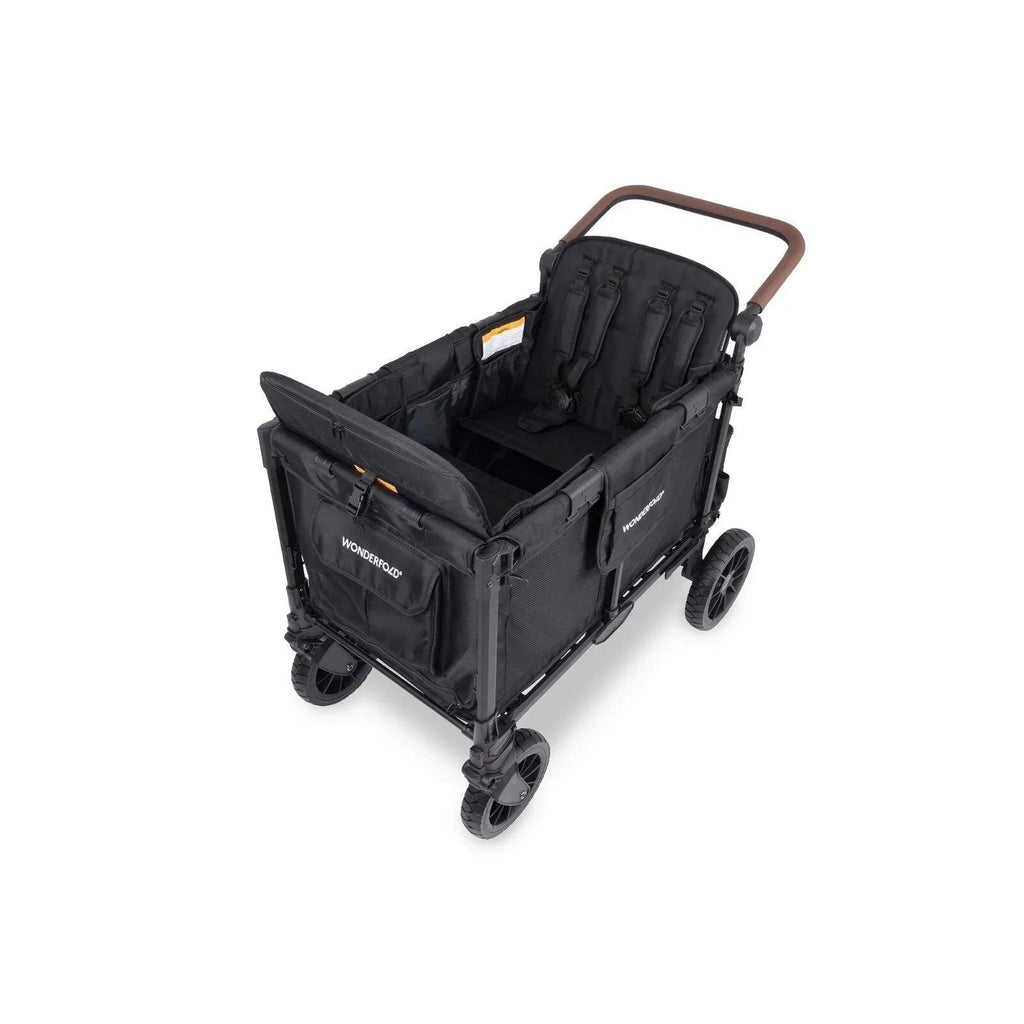 Black stroller wagon with open front, padded seat cushions, and brown handle