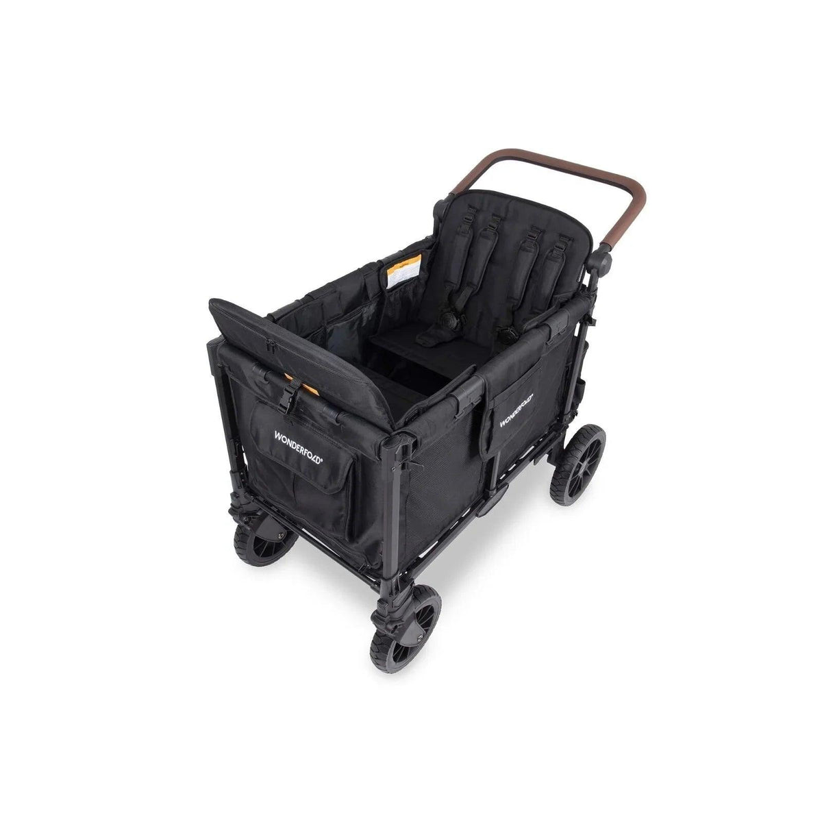 Black stroller wagon with open front, padded seat cushions, and brown handle