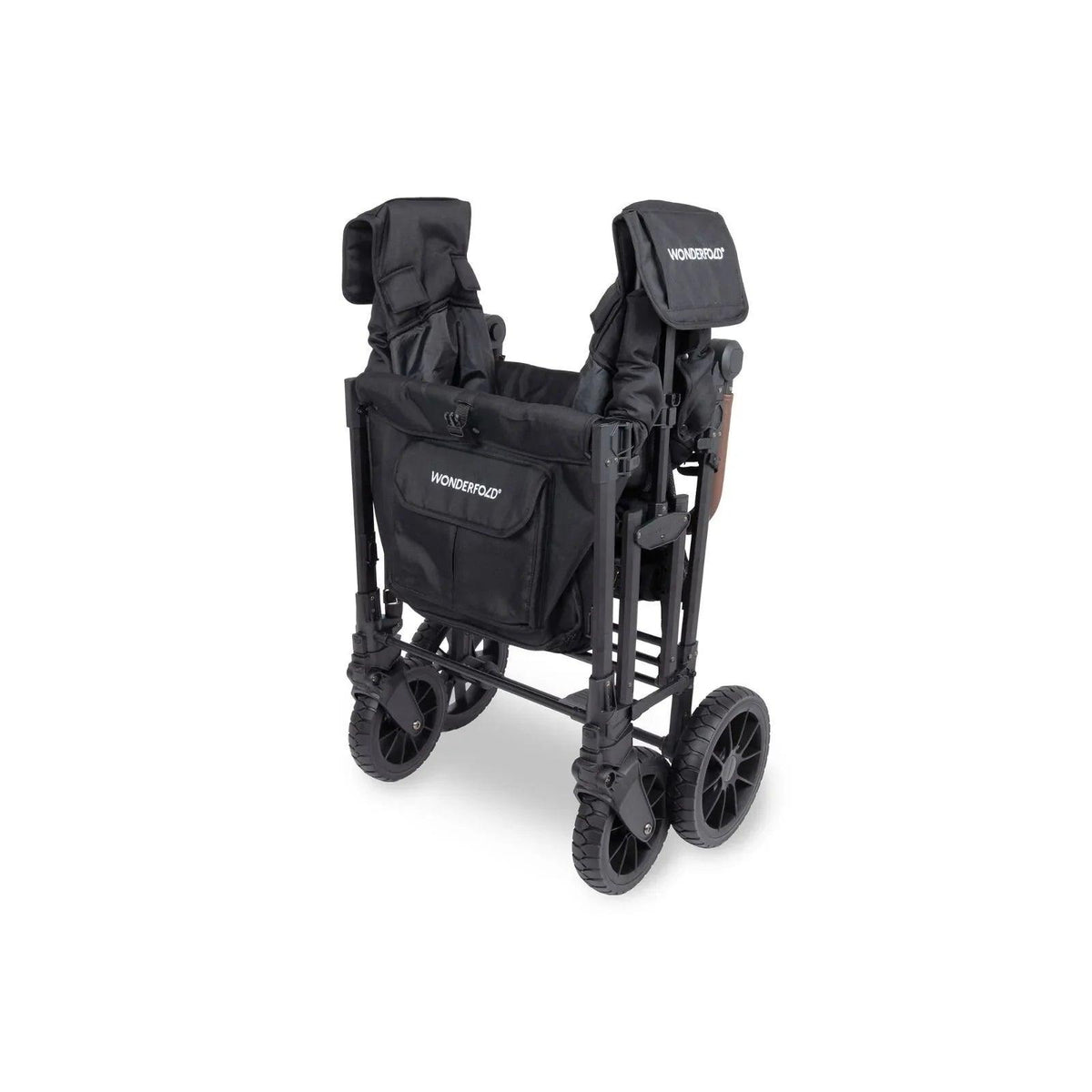 Black stroller wagon with rear seat frame, canopy, and side storage pockets