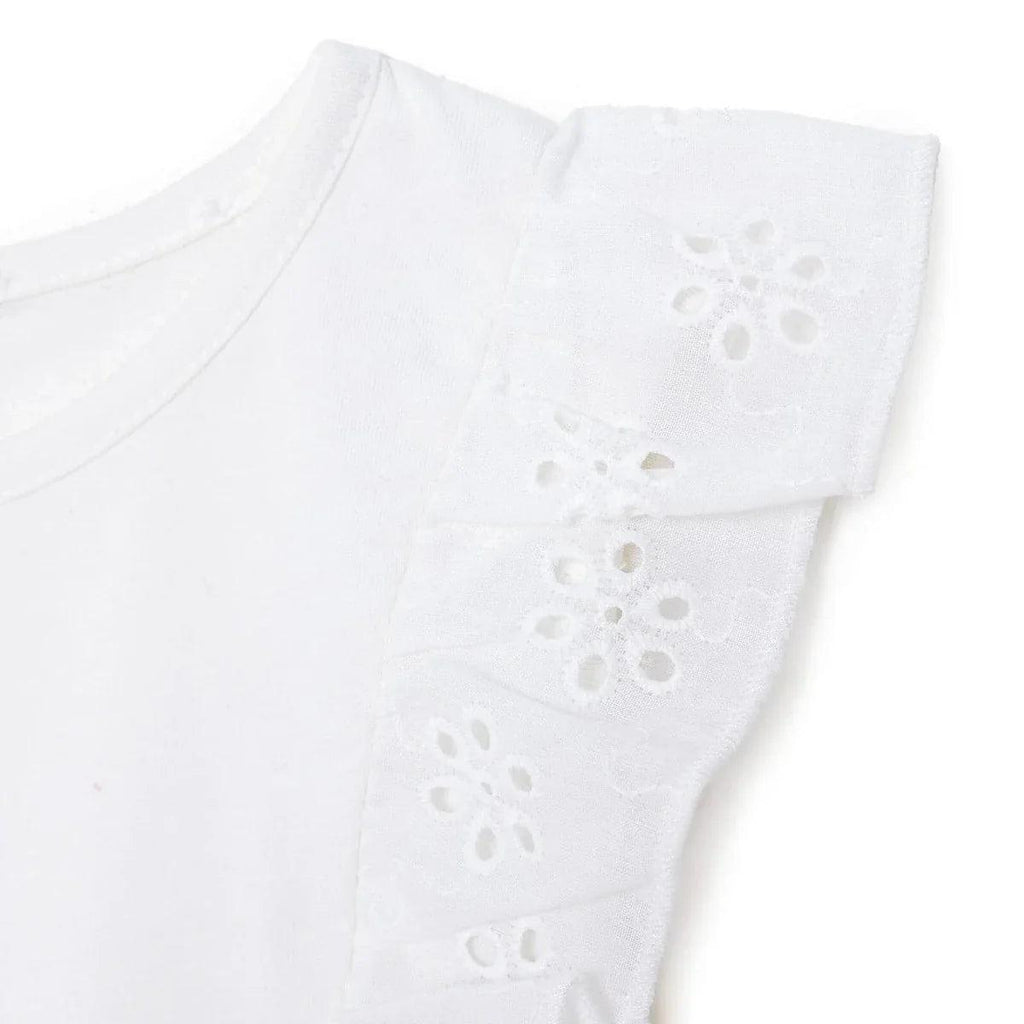 Off-white blouse sleeve with embroidered flower eyelet pattern.