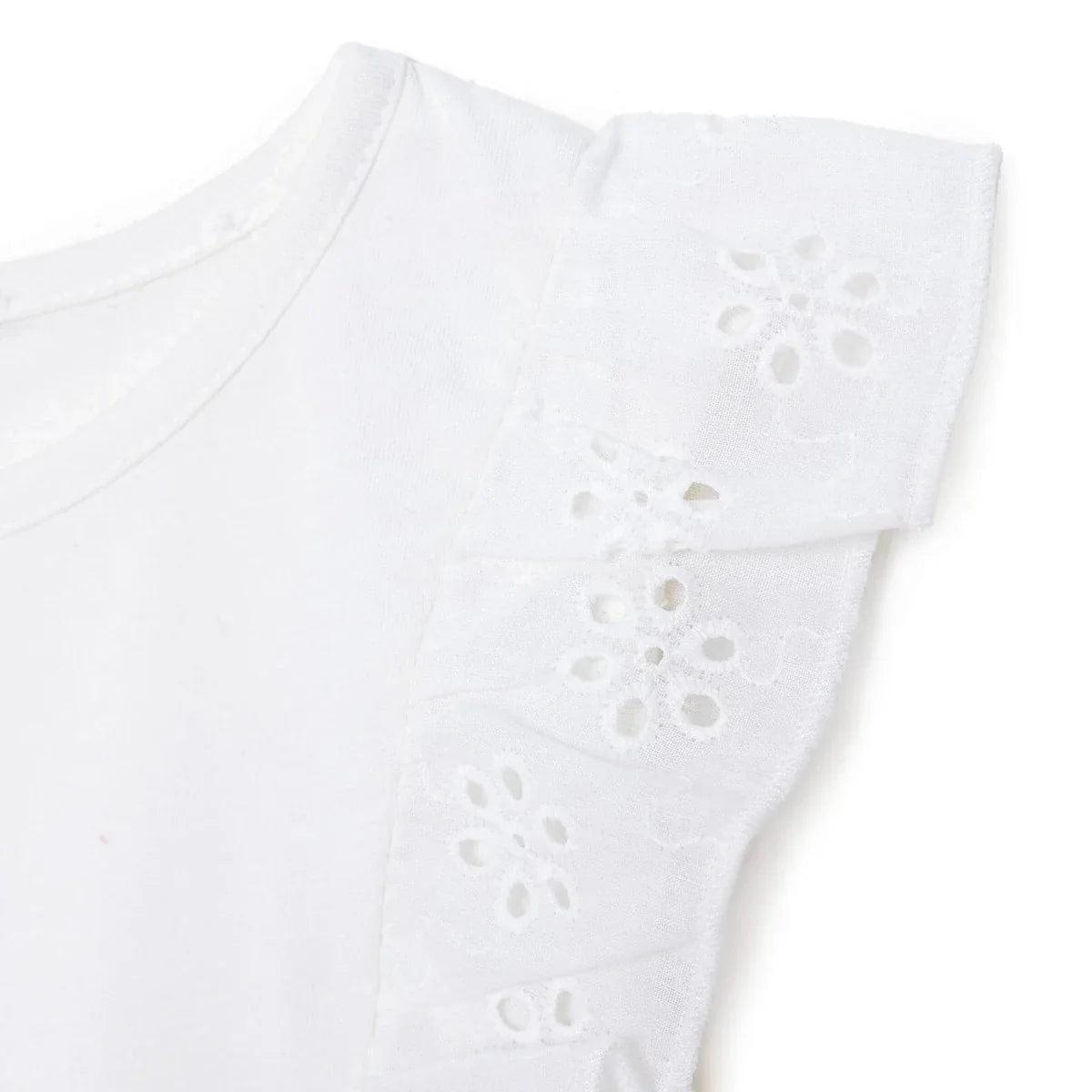 Off-white blouse sleeve with embroidered flower eyelet pattern.
