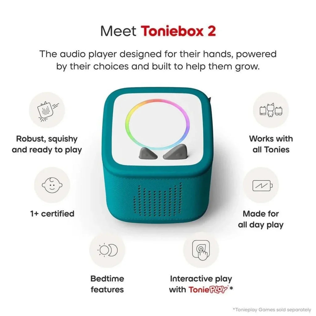 Teal Toniebox 2 audio player with rounded top listening window and speaker grille
