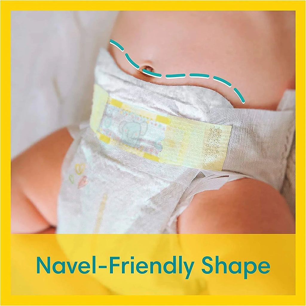 Newborn diaper with navel-friendly contoured shape and leg cutout