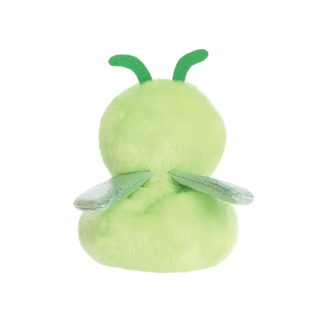 Green plush grasshopper soft toy, back view with two glittery wings spread.