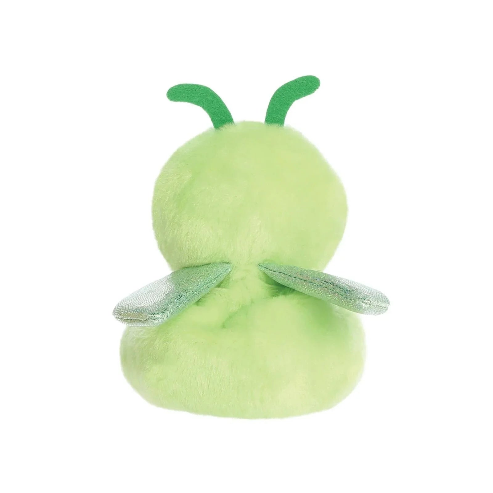 Green plush grasshopper soft toy, back view with two glittery wings spread.