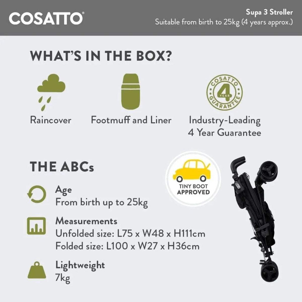 Stroller box contents info card with raincover and footmuff icons