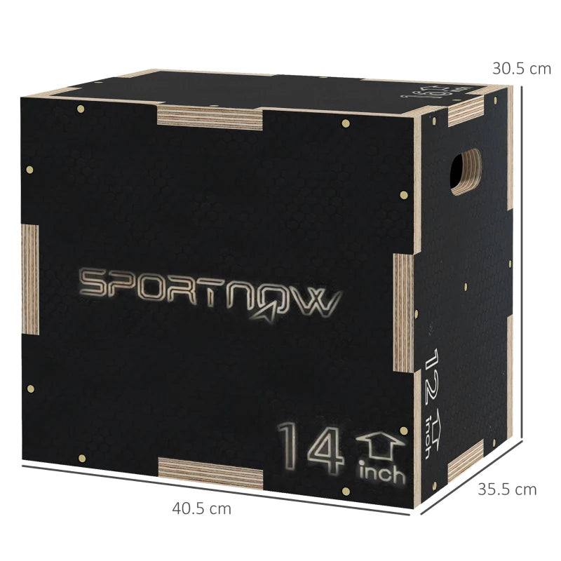 Black wooden step-up jump box with SportNOW logo and side 14 inch marking