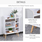 White bookcase with rounded corners and light pine wood legs; open shelving and drawer.
