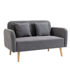 Grey fabric loveseat sofa with two back cushions, armrests, and wood legs